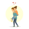 Cute couple have fun, young man carries girlfriend on back