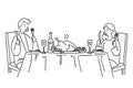 Cute couple having dinner meal with a roasted chicken, hand-drawn style vector illustration Royalty Free Stock Photo