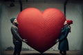 Cute couple holding a big red puzle heart, Valentines day and love concept. Generative AI Royalty Free Stock Photo