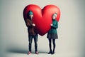 Cute couple holding a big red puzle heart, Valentines day and love concept. Generative AI Royalty Free Stock Photo