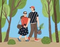 Cute couple holding hands walking together at summer park vector flat illustration. Enamored people carrying grocery bag