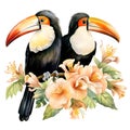 Cute couple hornbill on a branch with flower.