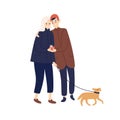 Cute couple hugging hold gift box walking with dog vector flat illustration. Enamored pair at romantic date feeling love