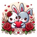 A cute couple of kawaii rabbit in a romantic scene, hugging wih cute a heart, with red rose flower and love sign arounds, cartoon