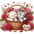 A cute couple kittens sleep in a cozy basket, with rose flowers and love sign, cartoon style, love art, romantic, animal creatures