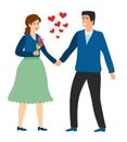 Cute couple in love. Girl and guy hold hands. Valentines Day, love and friendship vector illustration. Lovers walk