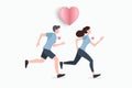 Cute couple in love running exercise with hearts floating