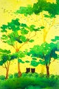 Cute couple lover bear love in forest yellow sky art watercolor painting illustration cartoon design drawing Royalty Free Stock Photo