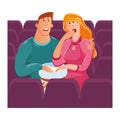 Cute couple man and woman sitting in the cinema with popcorn. Man hugging woman lovingly. Vector illustration in flat