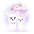 Cute Couple Mouse With Umbrella Hand Drawn Animal Cartoon Illustration