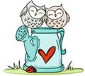 Cute couple owls on love watering can Royalty Free Stock Photo