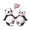 Cute couple of panda in love with air balloon, watercolor style illustration, valentines clipart