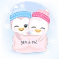 Cute couple penguin with snowflake Christmas illustration Royalty Free Stock Photo