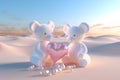 A cute couple pink teddy bear for love, valentine, or wedding design, heart-shaped transparent bubble on the beach