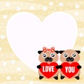Cute couple pug hold word `LOVE YOU ` background