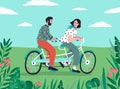 Cute couple riding on tandem bike at nature landscape vector flat illustration. Enamored man and woman enjoying physical Royalty Free Stock Photo