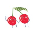 Cute Couple of Ripe Cherries Holding Hands, Adorable Funny Fruits Cartoon Characters Vector Illustration Royalty Free Stock Photo