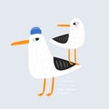Cute couple of seagulls vector illustration. Hand drawn sea Birds on blue background