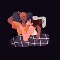 Cute couple sleeps, hugs in bed top view. Asleep man snoring, sleepy woman lying with insomnia. People in relationship