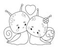 Cute couple snails girl and boy with heart. Funny outline cartoon insects characters. Line drawing, coloring book. Kids Royalty Free Stock Photo