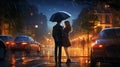 cute couple standing under rain holding umbrella in romantic way in night at city with fast line cars in background, ai generated