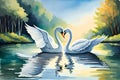 Cute Couple Swans In The Lake Watercolor Painting. Generative AI