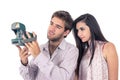 Cute couple taking photos with instant old camera Royalty Free Stock Photo