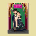 Cute couple in traditional indian dress cartoon character.Romantic wedding invitation card