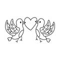 Cute couple of two blue birds hold a big heart in the flight. Hand drawn vector isolated doodle. Concept of love, romance, Royalty Free Stock Photo