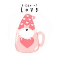 Cute couple Valentine Gnomes in pink lovely cup of love heart shape coffee flat vector cartoon illustration Royalty Free Stock Photo