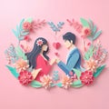 Cute couple, Valentine\'s Day and wedding, paper art, paper cut generative ai illustration art