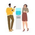 Cute couple of young man and woman drinking water from the cooler. Vector illustration in cartoon style. Royalty Free Stock Photo