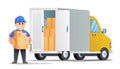 Cute courier bring packages with delivery truck