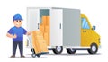 Cute courier delivery packages with trolley and truck