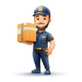 Cute courier holding delivery box, white background.