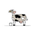 Cute cow with bucket of milk, sketch