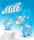 Cute cow and cat on blue milk design - vector