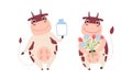 Cute Cow Characters Set, Adorable Farm Animal Drinking Milk and Holding Bouquet of Flowers Cartoon Vector Illustration Royalty Free Stock Photo