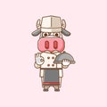 Cute cow chef cook serve food animal chibi character mascot icon flat line art style illustration concept cartoon Royalty Free Stock Photo