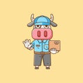 Cute cow courier package delivery animal chibi character mascot icon flat line art style illustration concept cartoon Royalty Free Stock Photo