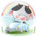 Cute cow driving car cartoon illustration watercolor style Royalty Free Stock Photo