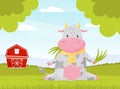 Cute Cow Farm Animal Sitting on Green Lawn and Chewing Grass Vector Illustration Royalty Free Stock Photo