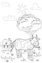 Cute cow farm animals coloring book educational illustration for children. Rural landscape colouring page. Vector black Royalty Free Stock Photo