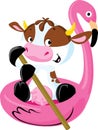 Cute Cow Floating on Inflatable Flamingo - Vector Illustration Royalty Free Stock Photo