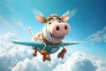 Cute cow flying on a rocket on bright sky, concept of Cheerful bovine