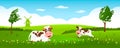 Cute cow and funny calf graze on green grass on a background of rural summer landscape, farm Royalty Free Stock Photo