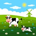 Cute cow and funny calves graze on green grass on the background of a rural summer landscape, farm and mills. Flat vector Royalty Free Stock Photo
