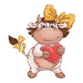 Cute cow girl holding a red shiny heart. Royalty Free Stock Photo