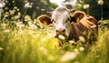 Cute cow grazing on fresh green meadow in summer generated by AI Royalty Free Stock Photo