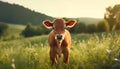 Cute cow grazing in green meadow, enjoying the summer sunset generated by AI Royalty Free Stock Photo